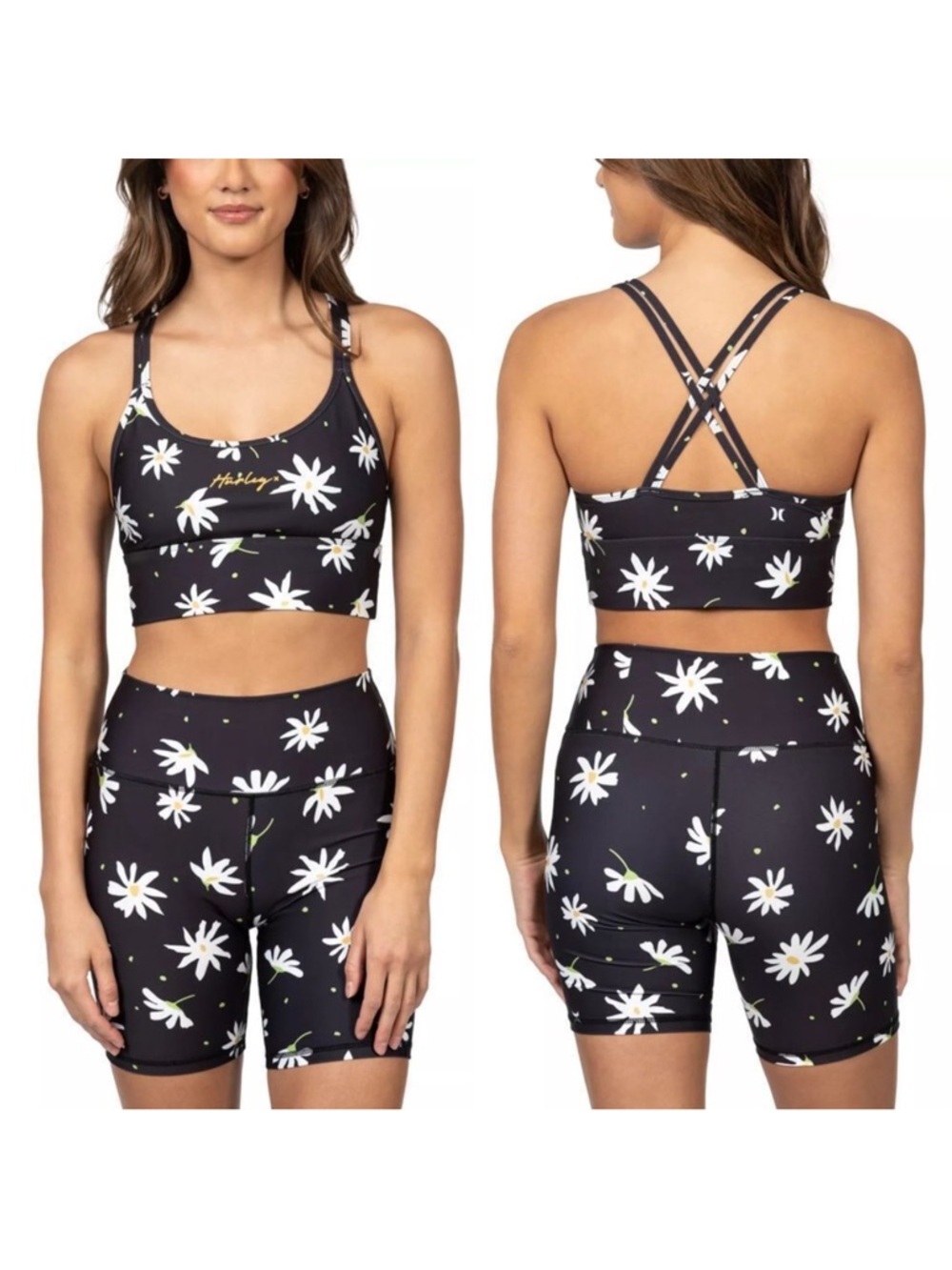 Hurley 2 Piece Black Big Daisy Floral Double Cross Sports Bra Short Set Size XS